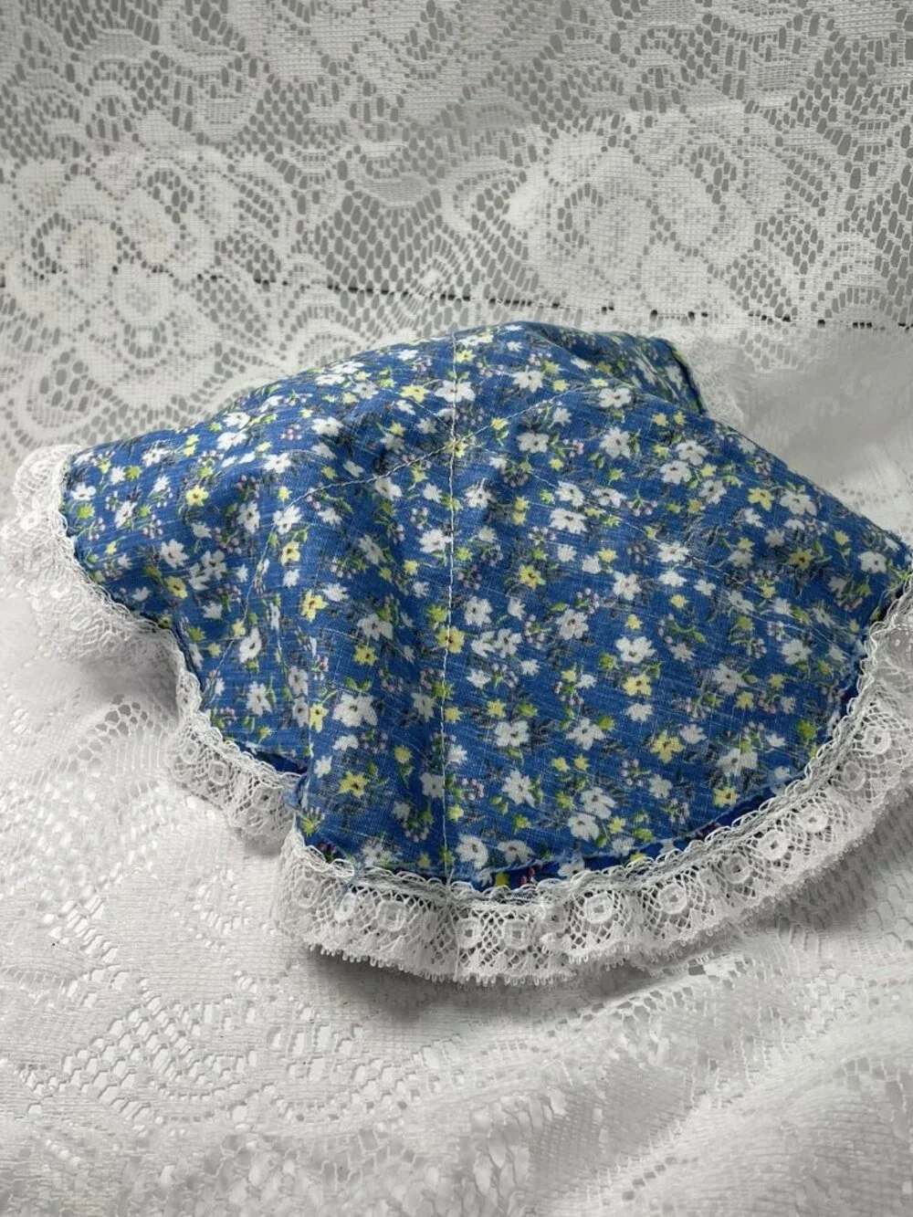 Vintage Print Fabric Egg Basket:  Handmade Country Farmhouse Decor Laced Cotton